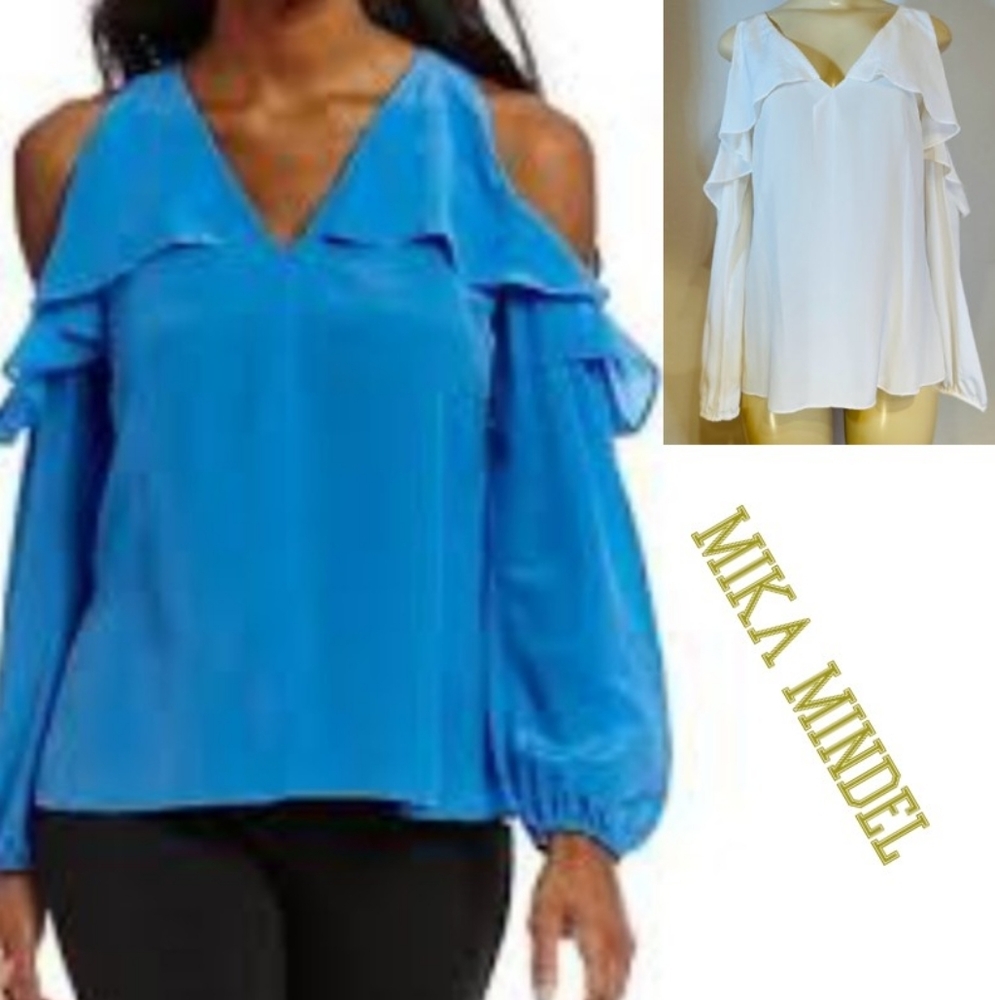 🎩🗝️ NWT $129 OFF-White 100% SILK Mika Mindel Cold Shoulder Vienna Blouse - S